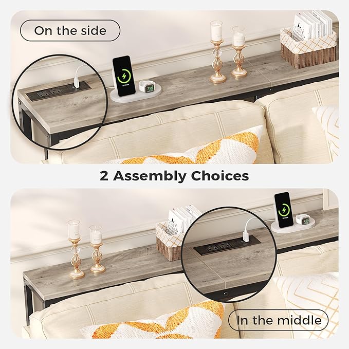 SUPERJARE Console Table with Outlet, 63 Inch Sofa Table with Charging Station, Narrow Hallway Entryway Table, Behind Couch Table, for Living Room, Oak