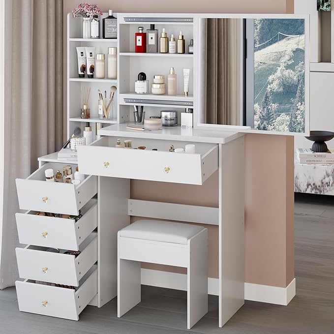 37" Vanity Desk with Mirror, Makeup Table with Sliding Mirror, Dressing Table with Multi Layer High Capacity Storage, Vanity Set with Drawers and Stool for Bedroom, White