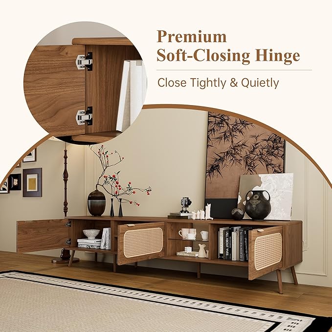 Marzzi Boho TV Stand for 85 Inch TV, 78" Entertainment Center with 3 Rattan Doors, Open Space with Glass Shelf, Walnut Media Console Cabinet for Living Room, Solid Wood Legs