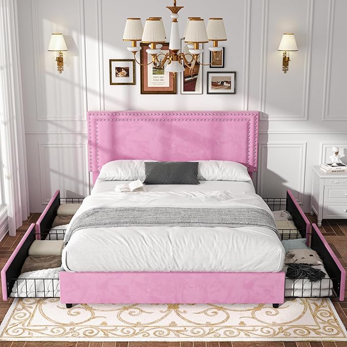 VECELO Queen Size Upholstered Platform Bed Frame with 4 Storage Drawers, Adjustable Velvet Rivet Decor Headboard, Wooden Slats Support, No Box Spring Needed, Easy Assembly