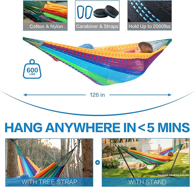 PNAEUT Mayan Hammock, Handwoven XL Thick Soft Rope Hammocks for Outdoor Indoor, Max 600 lbs Capacity, Tree Straps & Carabiners Included (Tropical, No Stand)