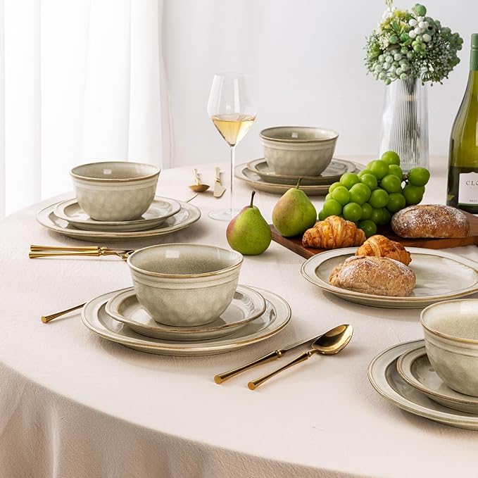 AmorArc Ceramic Dinnerware Sets,Stoneware Handmade Reactive Glaze Plates and Bowls Sets,Chip and Crack Resistant | Dishwasher & Microwave Safe,Dishes Set Service for 4 (12pc)