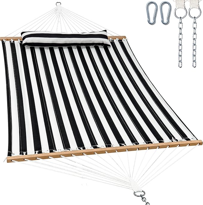 2 Person Hammocks for Outside, Double Quilted Fabric Outdoor Hammock with Spreader Bar, Large Removable Pillow, Storage Pockets, Carabiners, Max 475 lbs Capacity (Black White)