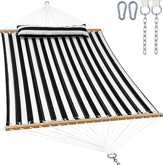 2 Person Hammocks for Outside, Double Quilted Fabric Outdoor Hammock with Spreader Bar, Large Removable Pillow, Storage Pockets, Carabiners, Max 475 lbs Capacity (Black White)