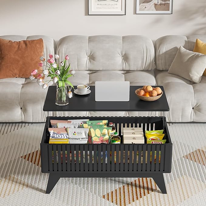 Lift Top Coffee Table with Hidden Compartment, Mid Century Modern Coffee Table for Living Room, Fluted Design Farmhouse Center Table with Storage (Black, 35.4''W)