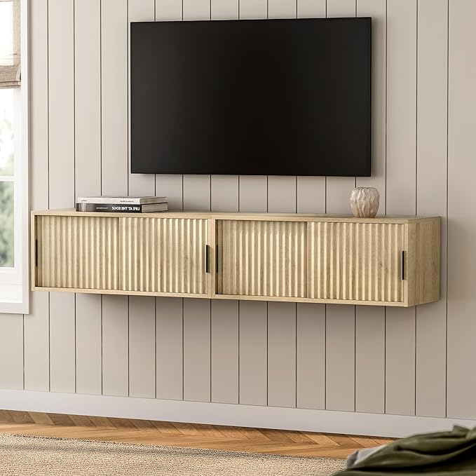 Fluted Floating TV Stand Set of 2, 30" Multi-Purpose Modern TV Display Shelf Console Entertainment Center Cabinet with Sliding Doors for Bedroom Living Room Entryway, Light Oak