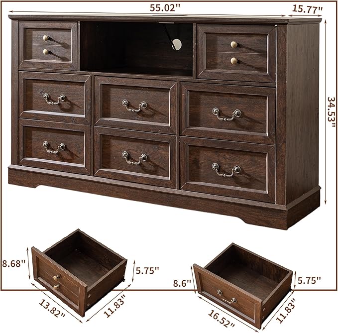 Dresser for Bedroom with Charging Station & Led Lights,55.02" TV Stand with 8 Drawers,Dressers & Chests of Drawers with Open Shelves,Hallway,Closet 55.02" W x 34.53" H x 15.77" D Brown