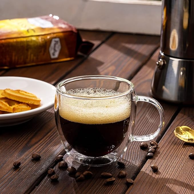 Espresso Cups Set Of 2 5 Oz, Double Walled Glass Coffee Mugs with Handle,Insulated Layer Coffee Cups,Clear Borosilicate Glass Mugs,Perfect for Cappuccino,Tea,Latte,Espresso,Hot Beverage,Wine