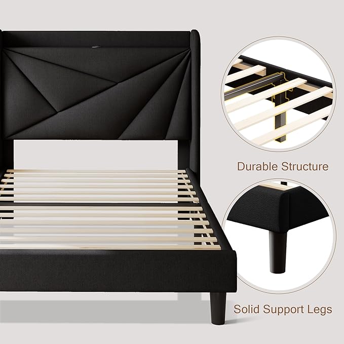 Twin Size Upholstered Bed Frame with Charging Station, Platform Bed Frame with Storage Headboard, Solid Wood Slats Support, No Box Spring Needed, Black