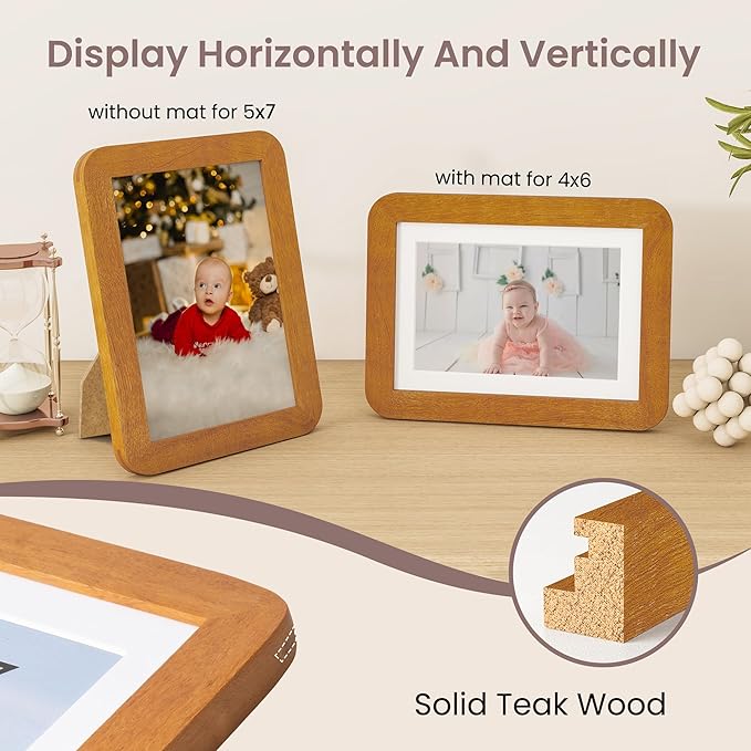 5x7 Picture Frame - Solid Teak Wood 5 x 7 Photo Frame, 5''x7'' Frame With Mat For 4x6, Tabletop and Wall Display, Hanging Hardware Included, 5 By 7 Picture Frame Wood, Natural Teak