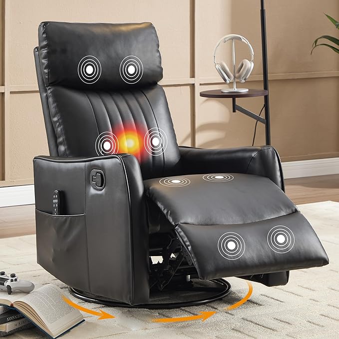 Manual Swivel Rocker Recliner Chair for Adults, Overstuffed Recliner Glider with Massage and Heat, Living Room Reclining Chair, PU Leather Black