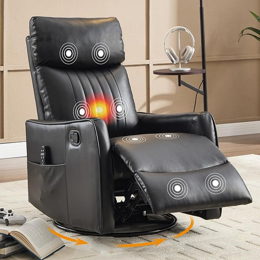 Manual Swivel Rocker Recliner Chair for Adults, Overstuffed Recliner Glider with Massage and Heat, Living Room Reclining Chair, PU Leather Black