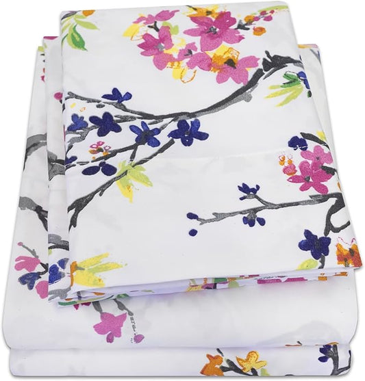 1500 Supreme Collection Extra Soft Botanical Bright Whimsical Watercolor Pattern Sheet Set, Twin- Luxury Bed Sheets Set with Deep Pocket Wrinkle Free Bedding, Printed Pattern, Twin