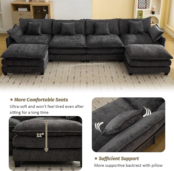 147'' Sectional Cloud Deep Seat Couch, Oversized Chenille U Shaped Sectional Sofa for Living Room Set, Comfy Upholstered Modular Sectional Sofa Couch with 2 Movable Ottoman, Dark Grey