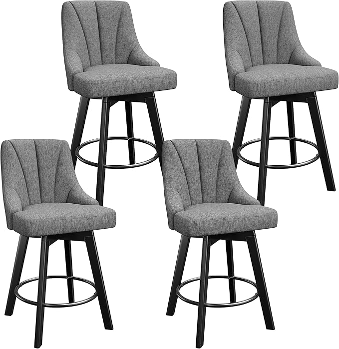 Swivel Bar Stools with Backs, 24" Counter Height Barstools Set of 4, Fabric Upholstered Counter Bar Stools with Solid Wood Legs for Kitchen Island, Home Bar, Dark Gray
