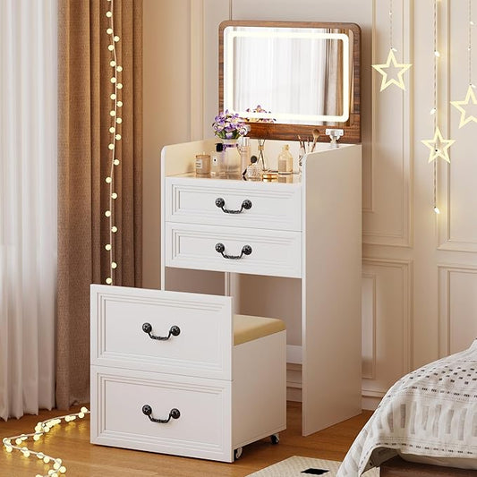 Farmhouse 3 in 1 Vanity with 2 Sockets USB, LED Small Makeup Desk with Flip Top Mirror, Compact Vanity with Glass Desktop, Storage and Cushioned Stool with Wheels,3 Drawers, for Bedroom White