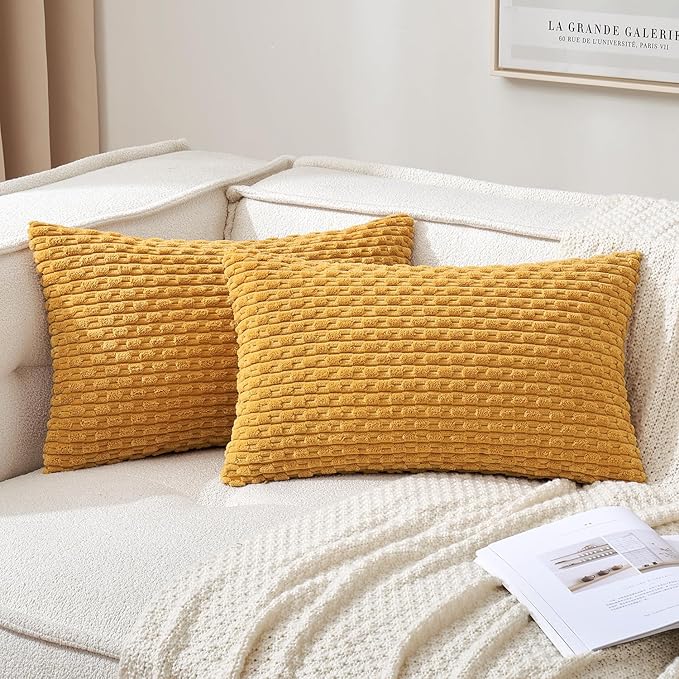 MIULEE Throw Pillow Covers Soft Corduroy Decorative Set of 2 Boho Summer Striped Pillow Covers Pillowcases Farmhouse Home Decor for Couch Bed Sofa Living Room 12x20 Inch Yellow