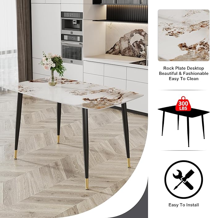 5 Pieces Modern Sintered Stone Dining Table Set 50" Rectangular Faux Marble Kitchen Table with 4 PU Leather Chair Dinner Table Set(1Faux Marble Table+4Gray and Brown Chairs)
