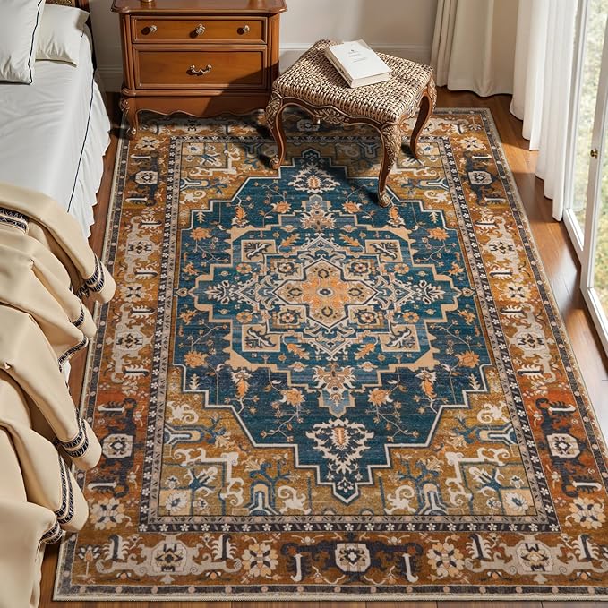 Tangsoo 4x6 Washable Rug Vintage Non Slip Indoor, Distressed Carpet for Living Room, Dining Room, Soft Low Pile Rugs Foldable Floor for Bedroom Dorm Bedside Bathroom Indigo Ochre