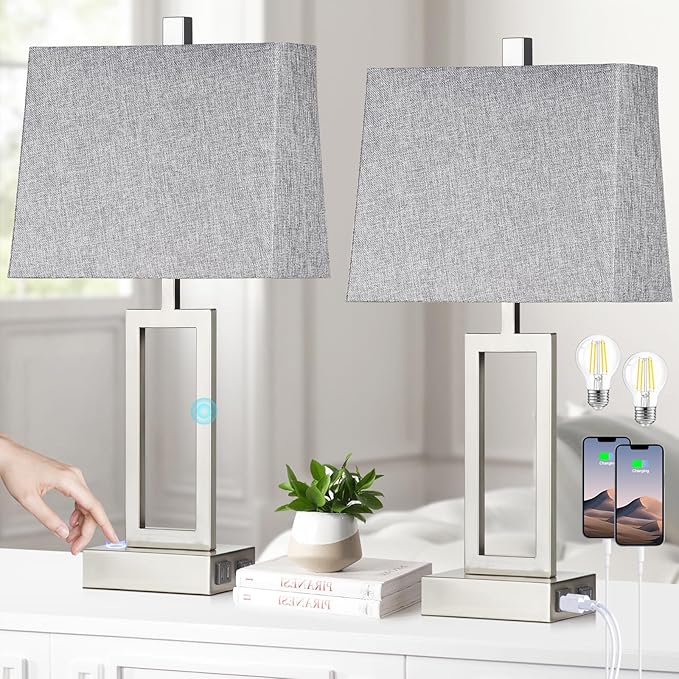 23.5" Touch Control Table Lamps, Metal Bedside Lamp for Bedroom Set of 2 with USB A+C Ports & AC Outlet, 3-Way Dimmable Nightstand Lamp for Living Room (LED Bulb Included)