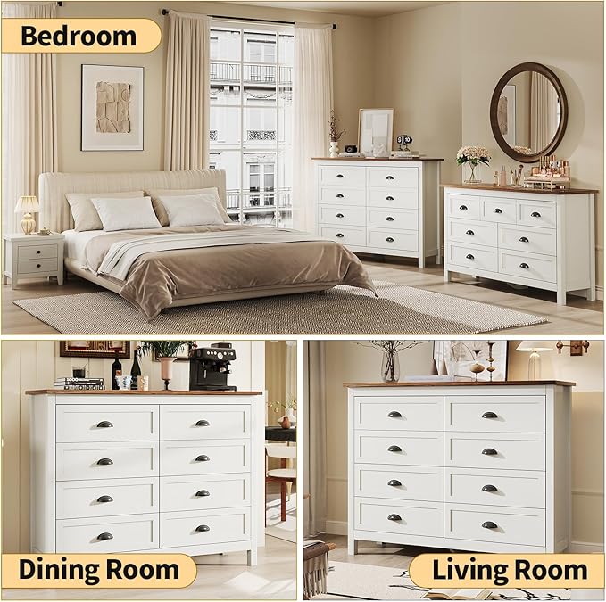 White Dresser for Bedroom, Farmhouse 8 Drawer Dresser, Wide Chest of Drawers with Metal Handles, Modern Wood Double Chest for Bedroom, Living Room, Hallway