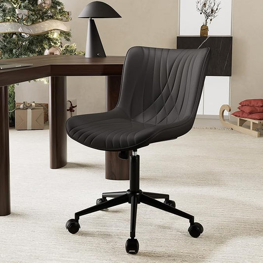YOUTASTE Black Office Chair, Modern Armless Desk Chair with Back, Adjustable Swivel Rolling Faux Leather Task Chair with Wheels Metal Base for Home Office, Study, or Vanity