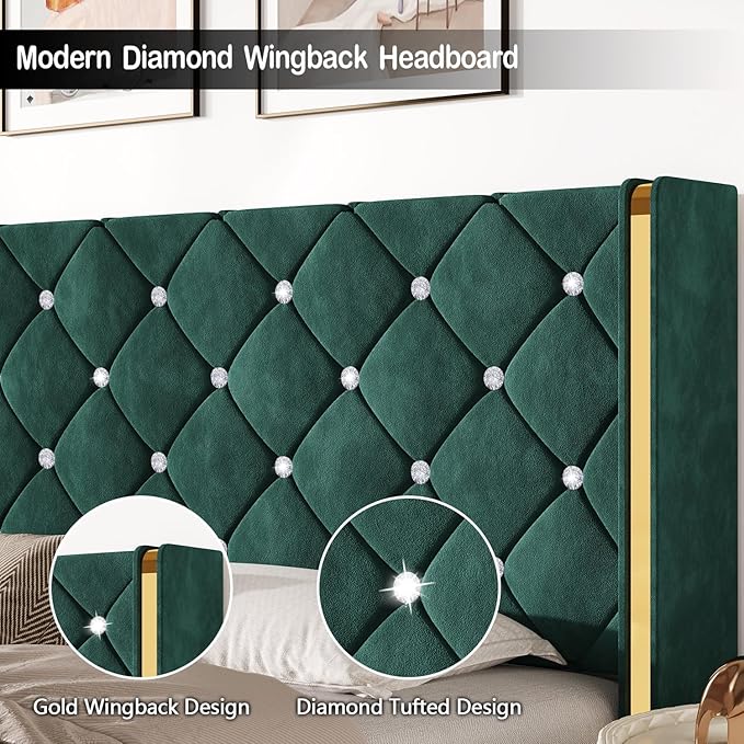 HOMBCK Queen Size Bed Frame, Velvet Upholstered Bed Frame with Wingback and Diamond Headboard, Wood Slat Support, No Box Spring Needed, Easy Assembly, Green