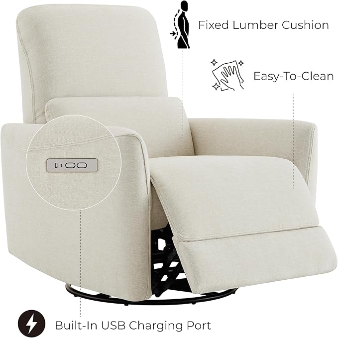 CHITA Power Recliner Chair Swivel Glider, FSC Certified Upholstered Living Room Nursery Reclining Sofa Chair with Lumbar Support, Linen