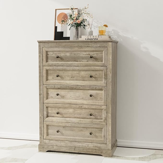 Farmhouse Dresser 5 Drawer, Bedroom Chest of Drawers, Dressers with 5 Drawers, Wooden Dressers for Bedroom, Living Room, Tv Stand, Entryway (Grey-5 Drawers)