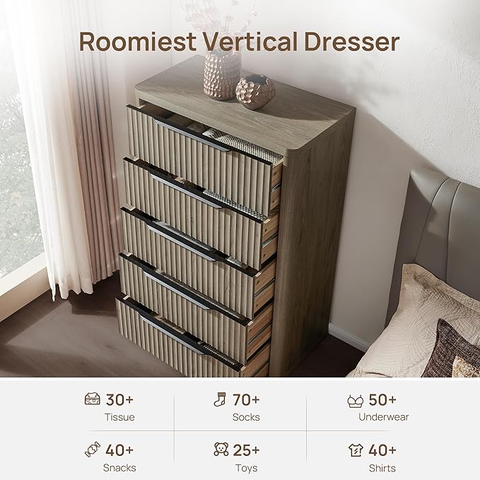 SICOTAS Dresser for Bedroom - Tall Dressers & Chests of Drawers with 5 Drawers Large Modern Dresser for Closet Fluted Wide TV Stand Clothes Closet Storage for Bedroom Hallway Entryway, Grey Alder