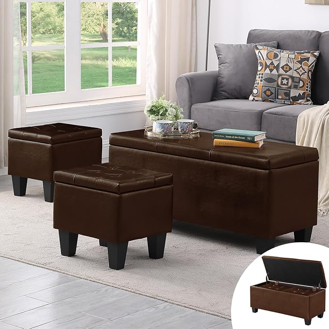 Ottoman with Storage Set of 3, 38'' Button Tufted Storage Ottoman with 2 Stools, Easy Open & Close w/Safety Hinges, Extra Seating Foot Rest for Living Room (Brown - PU Leather)