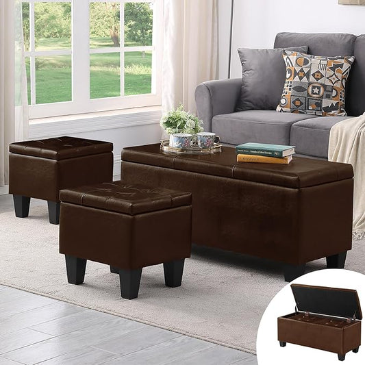 Ottoman with Storage Set of 3, 38'' Button Tufted Storage Ottoman with 2 Stools, Easy Open & Close w/Safety Hinges, Extra Seating Foot Rest for Living Room (Brown - PU Leather)