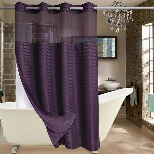 Conbo Mio Stall No Hook Shower Curtain with Snap in Liner Set, Hotel Luxury Purple Shower Curtains for Bathroom with See Through Top Window, Waterproof, Washable 54W x 74H