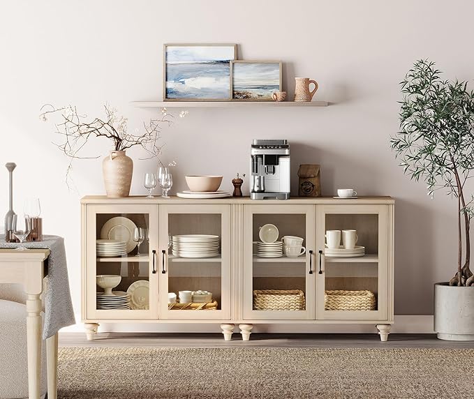 WAMPAT Farmhouse TV Stand for 75 inch TV with 4 Glass Doors, Wood Universal TV Stand with 4 Storage Cabinets, Beige Entertainment Center TV Console Table for Living Room, Bedroom