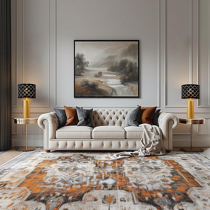 RORIANO Set of 2 Modern Table Lamps for Living Room Bedroom, Gold Nightstand Resin Lamps with Black Grid Shade, Contemporary Desk Lamps for Bedside End Tables, 2 Bulbs Included (Gold)