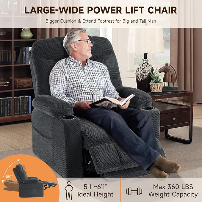 Triple Motor Large-Wide Power Lift Recliner Chair with Power Headrest for Big and Tall Elderly, Infinite Position, Massage Heat, Extend Footrest, USB, Cup Holder, Plush Flannel, Dark Grey