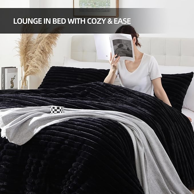 Smoofy Fluffy King Size Comforter Set 3 Pieces - Black Fleece Fluffy Comforter Set, Luxury Fuzzy King Bedding Set, Soft King Bed Set All Season, Heavy Faux Fur Comforter with 2 Pillow Cases