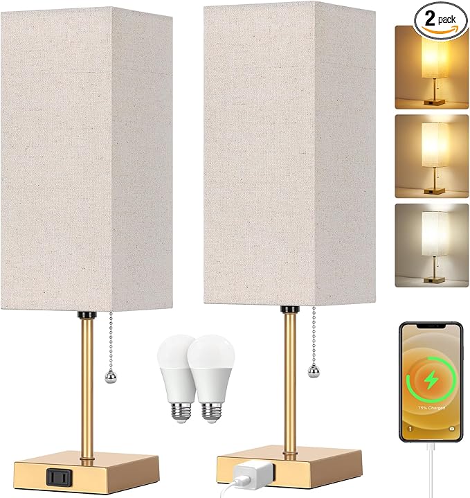 Table Lamp for Bedroom set of 2,3-Color Bedside Lamps with Pull Chain Table Lamps for Nightstand with AC Outlets,18'' Night Light Lamps with 2 Bulbs Lamps for Living Room Kids Office Decor（Glod）