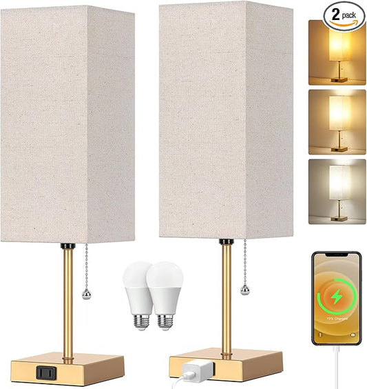Table Lamp for Bedroom set of 2,3-Color Bedside Lamps with Pull Chain Table Lamps for Nightstand with AC Outlets,18'' Night Light Lamps with 2 Bulbs Lamps for Living Room Kids Office Decor（Glod）