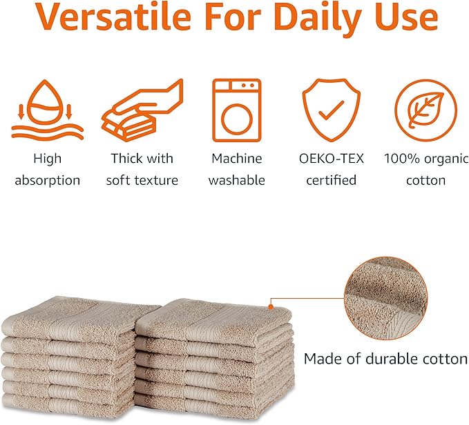 Amazon Basics Fade-Resistant 100% Cotton Washcloth, 12 Pack, 12"x12", Taupe