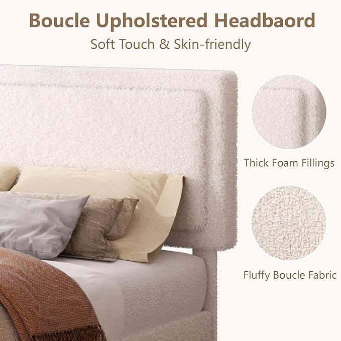 Full Size Boucle Bed Frame, Upholstered Platform Cloud Bed Frame with Headboard, Soft Teddy Fabric, Modern Style, No Box Spring Required, Easy Assembly, Beige