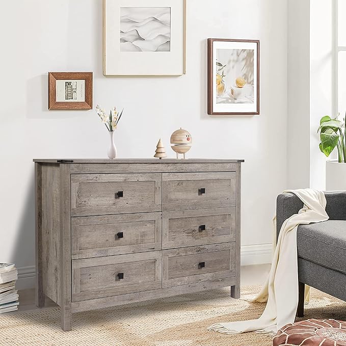 Farmhouse 6 Drawers Dresser, Wood Double Dresser Chest of Drawers Wide Storage Organizer Cabinet for Bedroom, Living Room, Rustic Grey