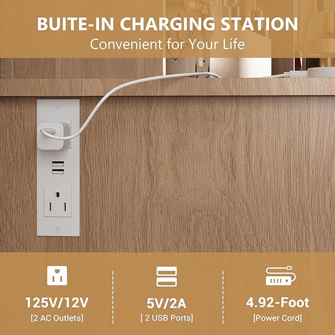 Vanity Desk with Mirror and Lights, Wood Makeup Vanity with Charging Station & Stool, 3 Drawers and Cabinets, Farmhouse Vanity Mirror with RGB LED Lights Makeup Desk and Chair for Women