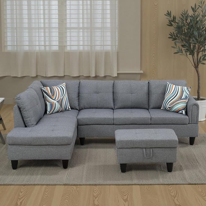 L Shaped Couch Sectional Couches with Chaise and Storage Ottoman, 3 Pieces Modular Convertible Sofa for Living Room Furniture Sets and Small Apartment, Light Grey