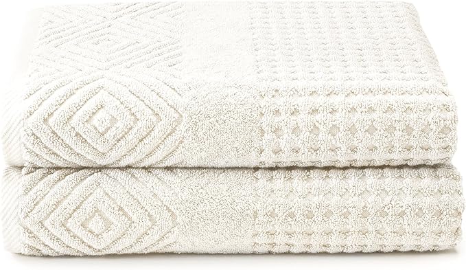 Texere 100% Organic Cotton Diamond Jacquard 700 GSM Luxury Bath Towel Sets - Ultra Soft and Absorbent Hotel and Spa Quality (Diamond, Cream, 2 Bath Towels)
