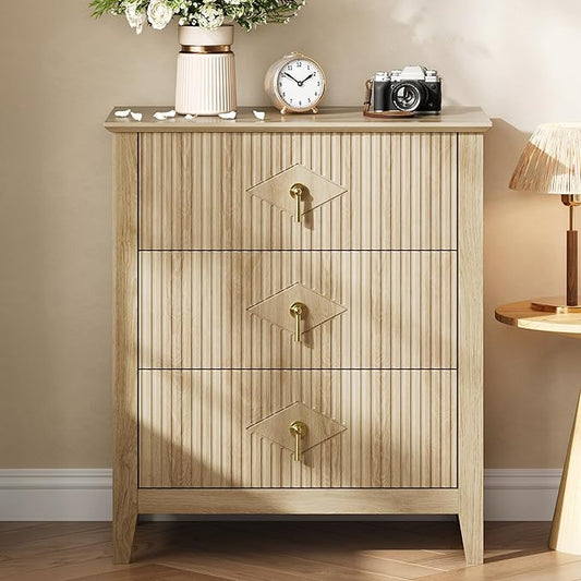 GarveeHome Wood Nightstand Fluted Dresser for Bedroom, 27.5" Wide 3-Drawer Bedside Tables, Modern Chest of Drawers, Storage End Table Living Room, Hallway, Entryway, Natural Oak