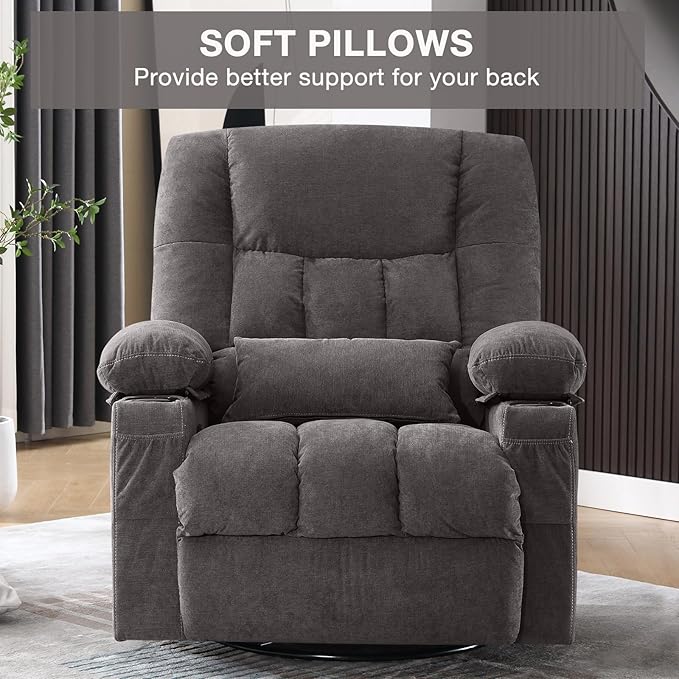 Massage Swivel Rocker Recliner Chair with Vibration Massage and Heat Ergonomic Lounge Chair for Living Room with Rocking Function and Side Pocket, 2 Cup Holders, USB Charge Port