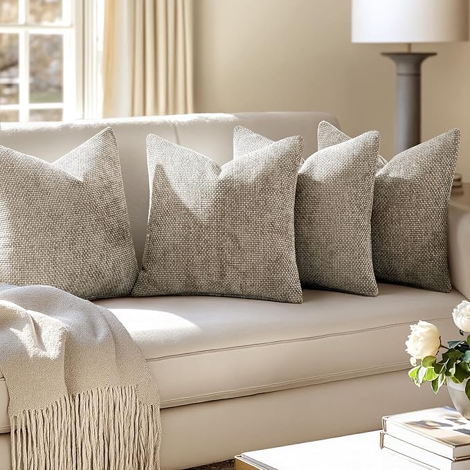 MIULEE Pack of 4 Couch Throw Pillow Covers 18x18 Inch Khaki Soft Decorative Chenille Pillow Covers Farmhouse Accent Cushion Covers for Boho Home Decor Sofa Bedroom Living Room