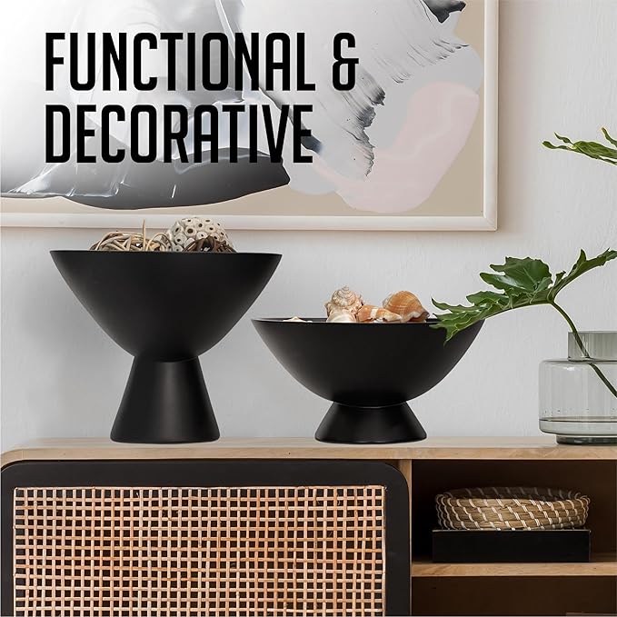 Black Pedestal Bowl - 8 Inch, Wide Black Footed Bowl as Fruit, Key, Decorative, Candy Holder or Centerpiece, Wooden Bowl Decorative for Kitchen, Dining Table & Modern Home Accessories