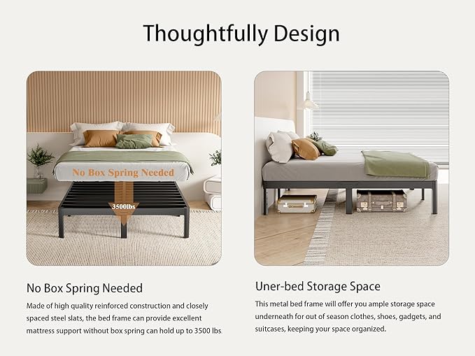 Full Size Bed Frame No Box Spring Needed, 14 Inch Metal Full Bed Frame, DIY Headboard Holes, Heavy Duty Steel Support 3500 LBS, Noiseless, Round Corner Legs, Storage Space, Easy Assembly, Black